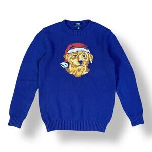 Crown & Ivy Boys Blue Intarsia Santa Dog Christmas Crew Neck Sweater Size S